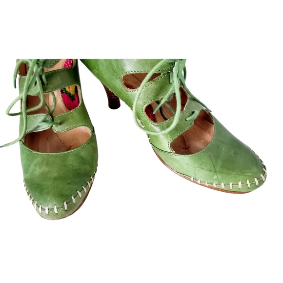 Terra Plana Artisan Design Handcrafted Green Leather Lace Up Heels Size 39/8 - Picture 2 of 7
